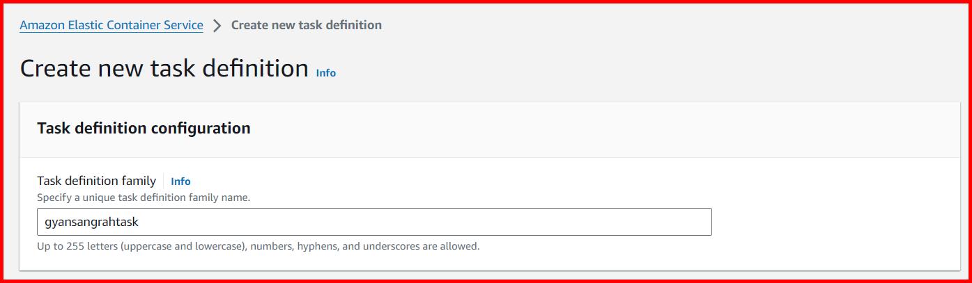 Picture showing specifying the task definition family name in the create new task definition screen